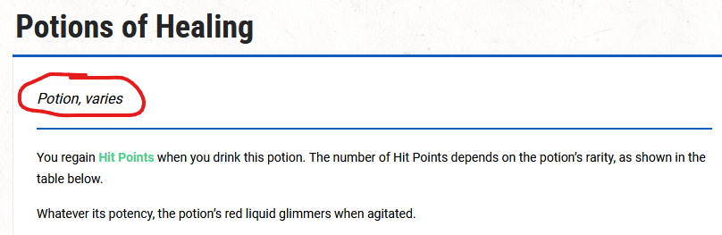 Screenshot from the Dungeon Masters Guide of Potions of Healing with 'Potion, varies' circled.
