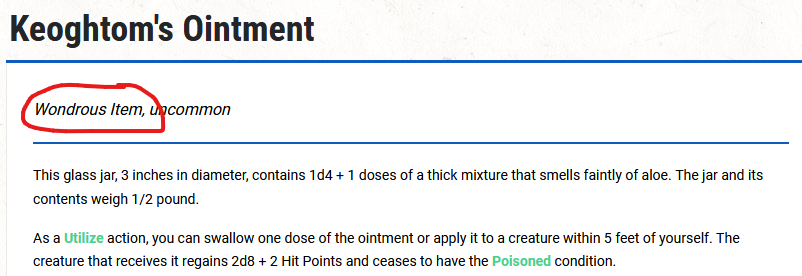 Screenshot from the Dungeon Masters Guide of Keoghtom’s Ointment with 'Wondrous Item, uncommon' circled.